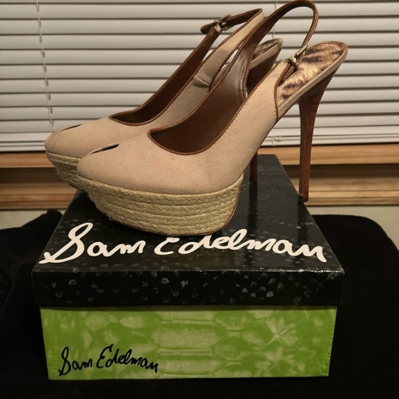 Sam Edelman Novato Sand Canvas Peep Toe Slingback Platform Pump - Picture 2 of 6